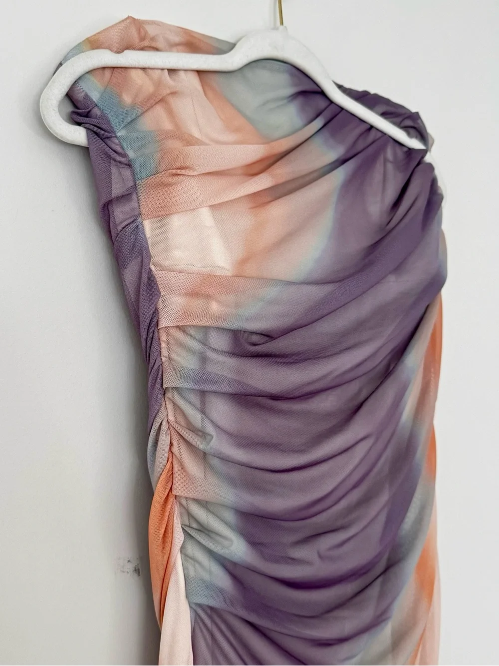 NWT Zara Strapless Printed Ruched Tulle Mesh Midi Dress, Cream Watercolor – L